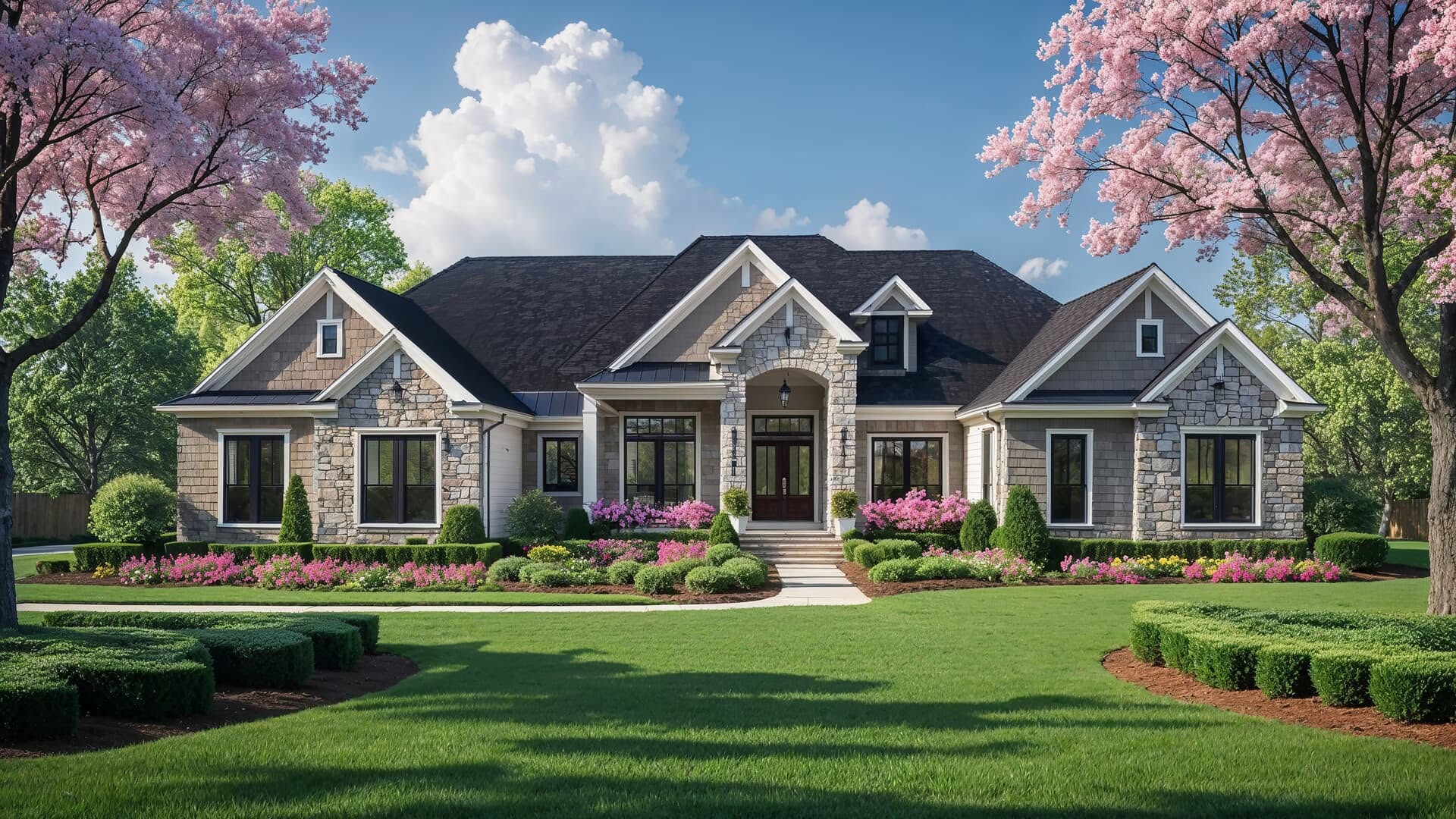 Stone-front custom home with manicured landscaping