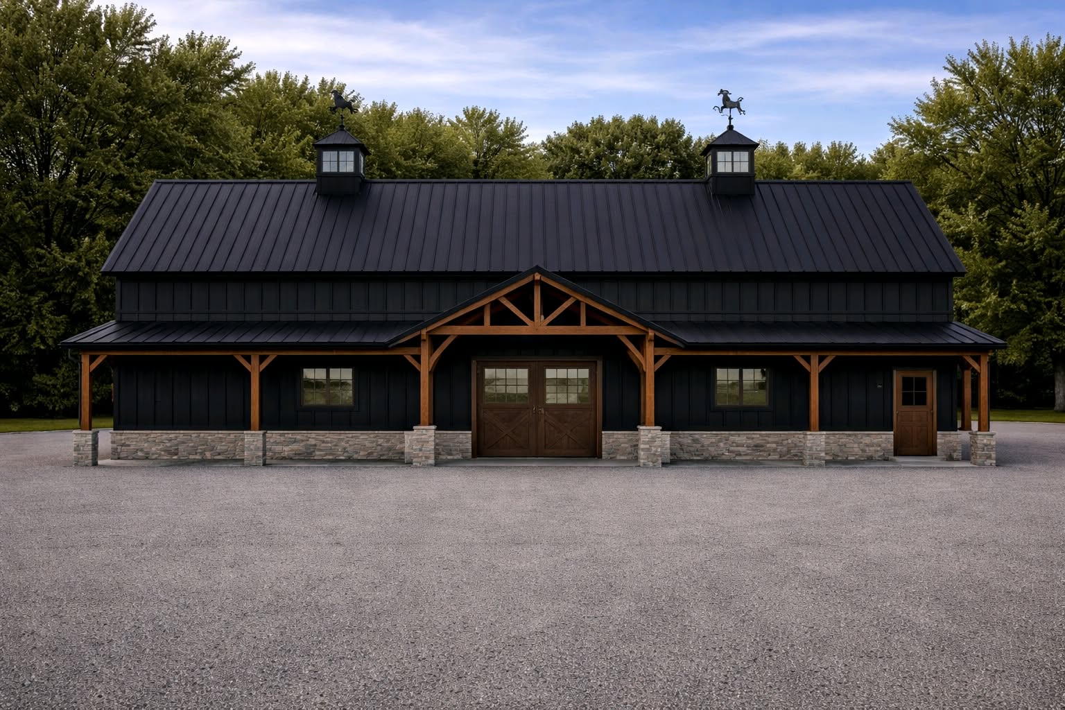 Black timber-frame pole barn with stone base