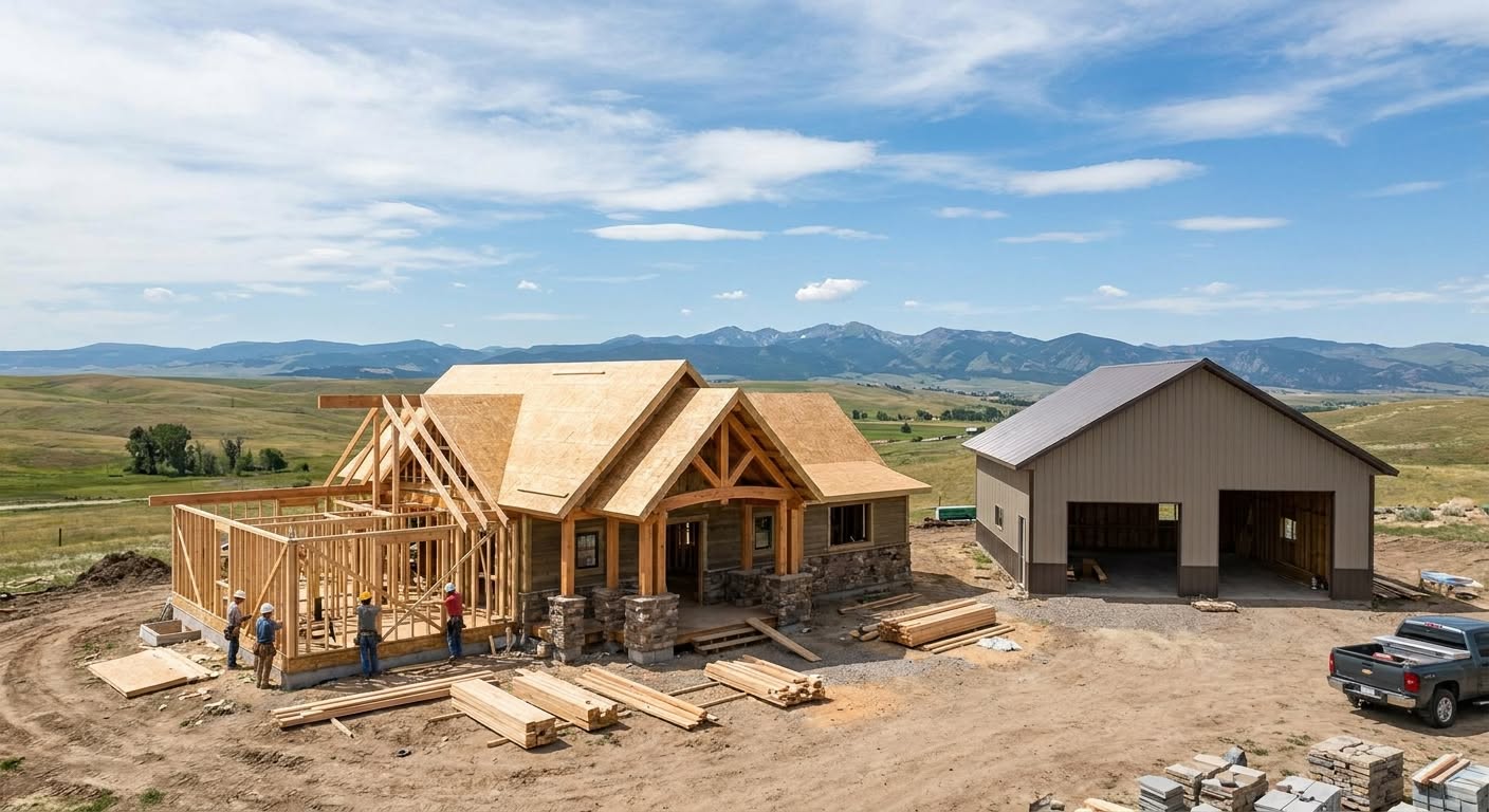 Custom home framing alongside a finished pole barn
